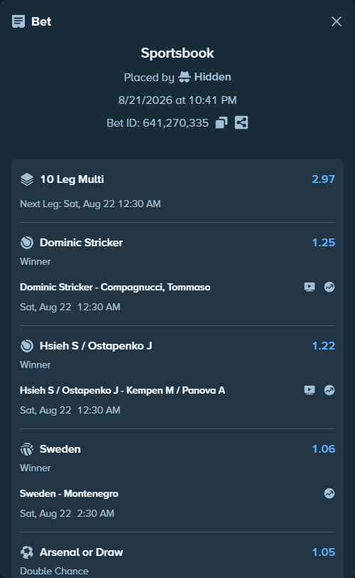 Bet slip: Dominic Stricker - Compagnucci, Tommaso, $75,000.00 stake at 1.25 odds, placed by Hidden