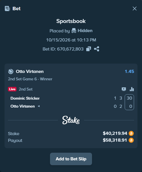 Bet slip: Dominic Stricker - Otto Virtanen, $39,927.48 stake at 1.45 odds, placed by Prettylfacko98