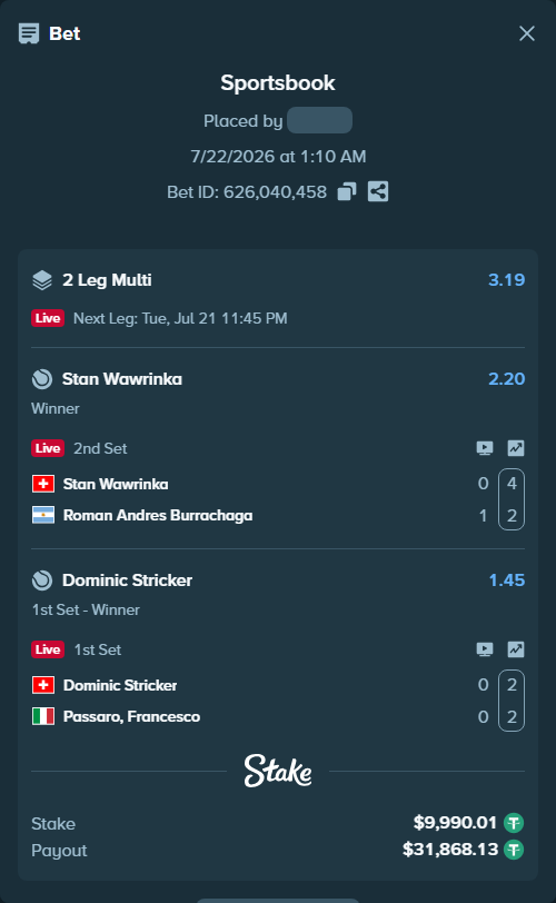Bet slip: Dominic Stricker - Passaro, Francesco, $10,000.00 stake at 1.45 odds, placed by WinTr10