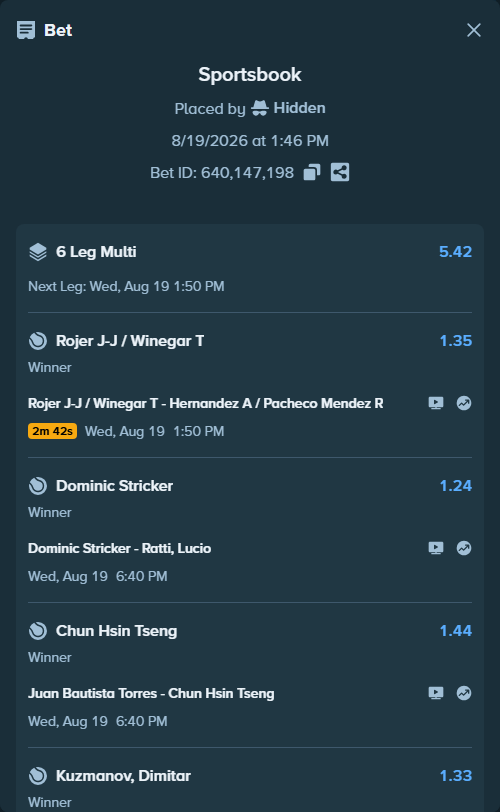 Bet slip: Dominic Stricker - Ratti, Lucio, $25,000.00 stake at 1.24 odds, placed by Hidden