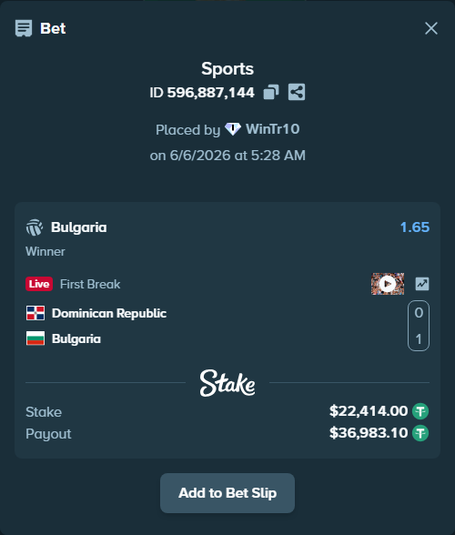 Bet slip: Dominican Republic - Bulgaria, $22,414.00 stake at 1.65 odds, placed by WinTr10