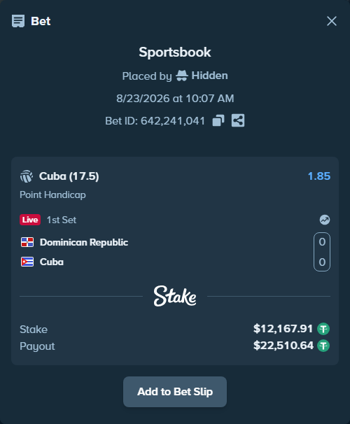 Bet slip: Dominican Republic - Cuba, $12,166.70 stake at 1.85 odds, placed by Hidden