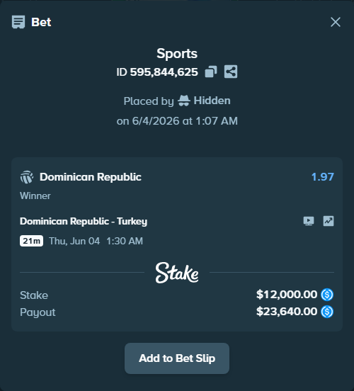 Bet slip: Dominican Republic - Turkiye, $12,000.00 stake at 1.97 odds, placed by Hidden