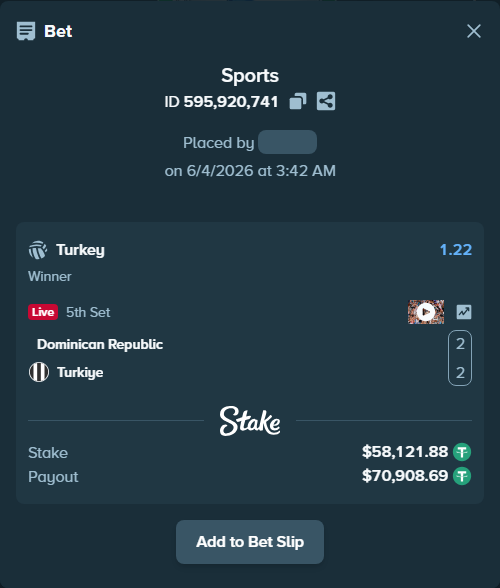 Bet slip: Dominican Republic - Turkiye, $58,180.00 stake at 1.22 odds, placed by DooDLeZ1love