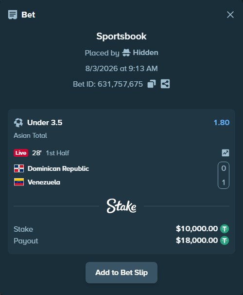 Bet slip: Dominican Republic - Venezuela, $10,010.00 stake at 1.80 odds, placed by Hidden