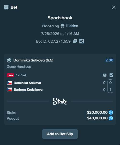 Bet slip: Dominika Salkova - Barbora Krejcikova, $20,000.00 stake at 2.00 odds, placed by Hidden