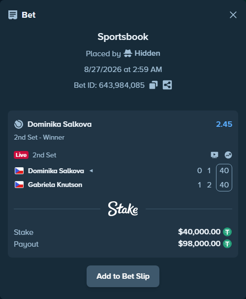 Bet slip: Dominika Salkova - Gabriela Knutson, $40,000.00 stake at 2.45 odds, placed by Hidden