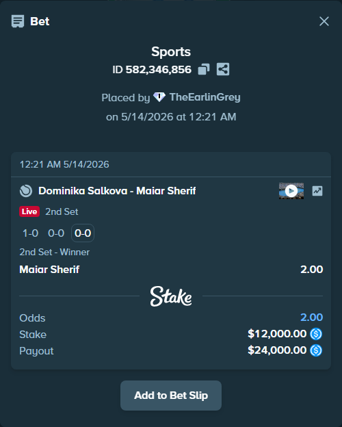 Bet slip: Dominika Salkova - Maiar Sherif, $12,000.00 stake at 2.00 odds, placed by TheEarlinGrey