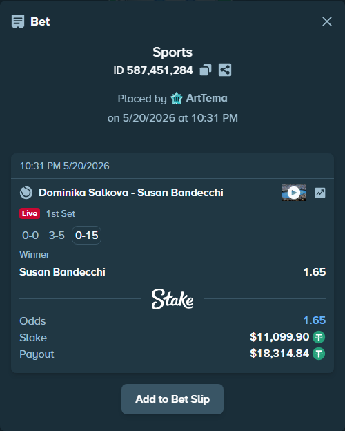 Bet slip: Dominika Salkova - Susan Bandecchi, $11,111.00 stake at 1.65 odds, placed by ArtTema