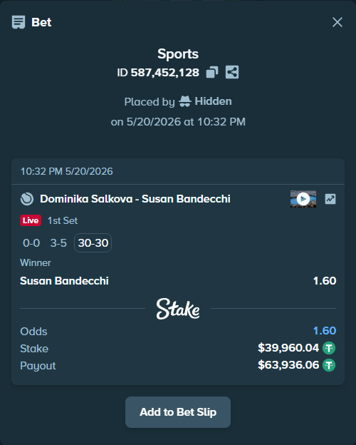 Bet slip: Dominika Salkova - Susan Bandecchi, $40,000.00 stake at 1.60 odds, placed by Hidden
