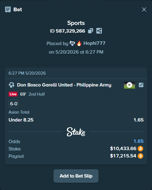 Bet slip: Don Bosco Garelli United - Philippine Army, $8,645.89 stake at 1.65 odds, placed by Hophi777