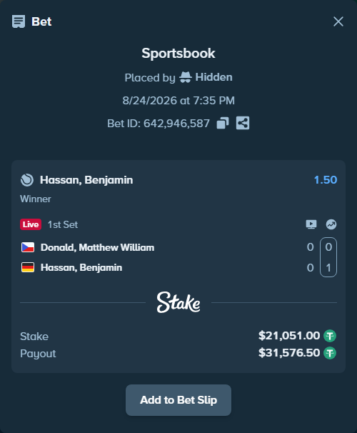 Bet slip: Donald, Matthew William - Hassan, Benjamin, $21,051.00 stake at 1.50 odds, placed by Hidden