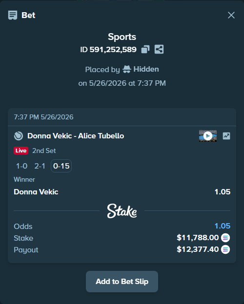 Bet slip: Donna Vekic - Alice Tubello, $10,254.48 stake at 1.05 odds, placed by Hidden