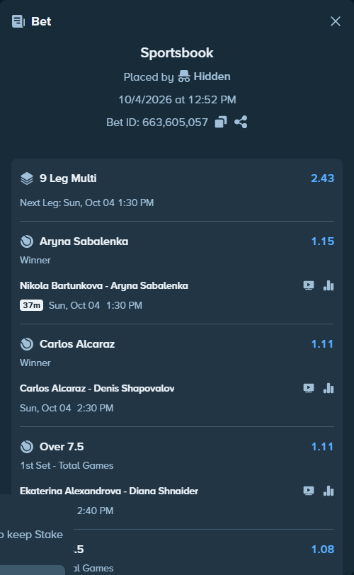Bet slip: Donna Vekic - Iga Swiatek, $100,000.00 stake at 1.07 odds, placed by OplatekRafal