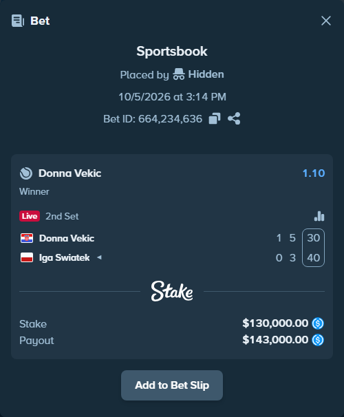 Bet slip: Donna Vekic - Iga Swiatek, $130,000.00 stake at 1.10 odds, placed by Hidden