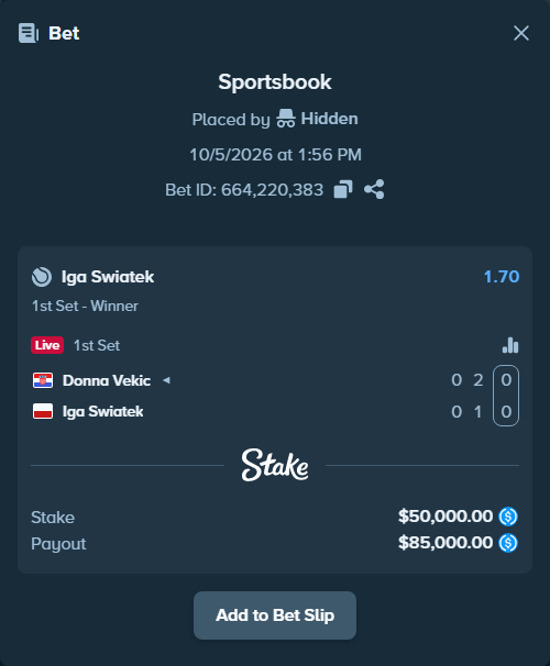 Bet slip: Donna Vekic - Iga Swiatek, $50,000.00 stake at 1.70 odds, placed by Hidden