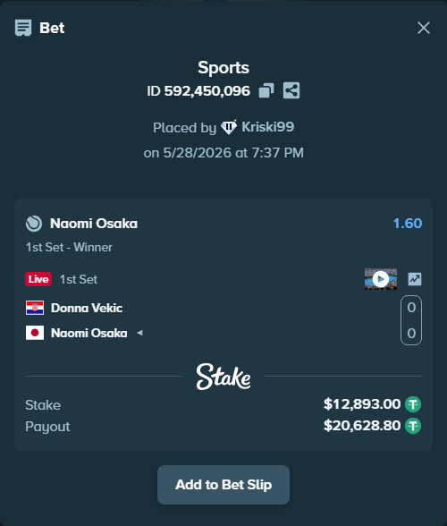 Bet slip: Donna Vekic - Naomi Osaka, $12,918.79 stake at 1.60 odds, placed by Kriski99
