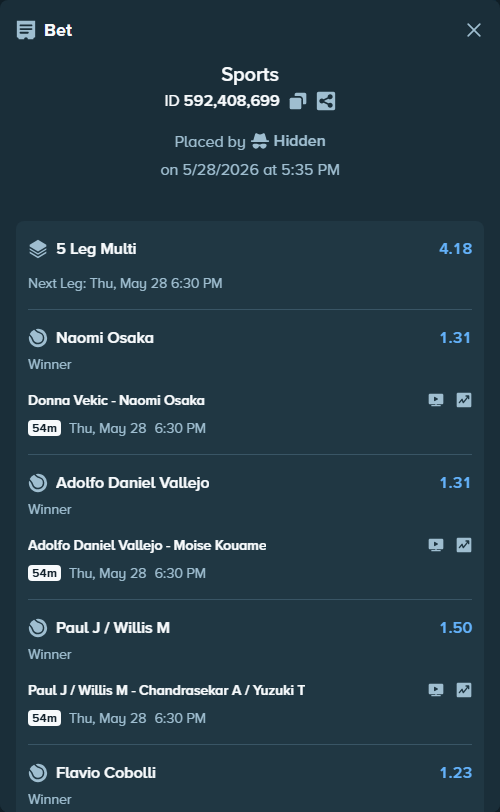 Bet slip: Donna Vekic - Naomi Osaka, $18,190.00 stake at 1.31 odds, placed by Hidden