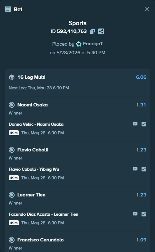 Bet slip: Donna Vekic - Naomi Osaka, $49,412.35 stake at 1.31 odds, placed by EaurigaT