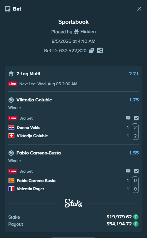 Bet slip: Donna Vekic - Viktorija Golubic, $19,999.60 stake at 1.75 odds, placed by Hidden
