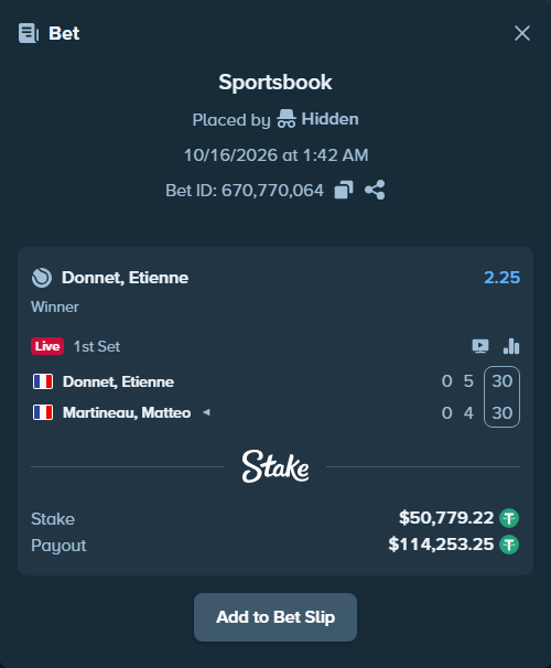 Bet slip: Donnet, Etienne - Martineau, Matteo, $50,830.00 stake at 2.25 odds, placed by Hidden
