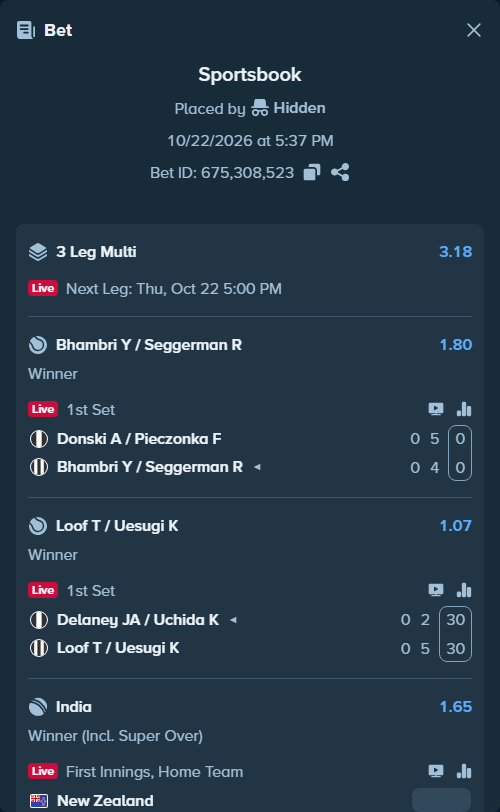 Bet slip: Donski A / Pieczonka F - Bhambri Y / Seggerman R, $29,591.00 stake at 1.80 odds, placed by Hidden