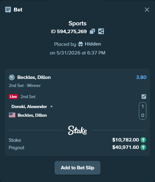 Bet slip: Donski, Alexander - Beckles, Dillon, $10,792.78 stake at 3.80 odds, placed by Hidden