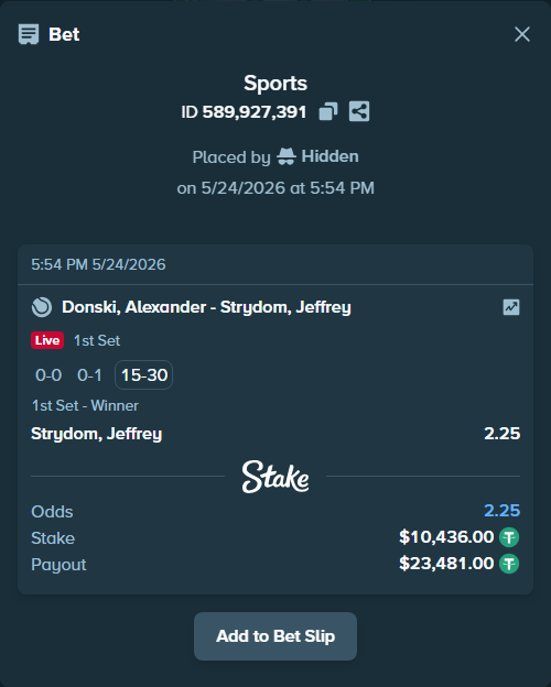 Bet slip: Donski, Alexander - Strydom, Jeffrey, $10,436.00 stake at 2.25 odds, placed by Hidden