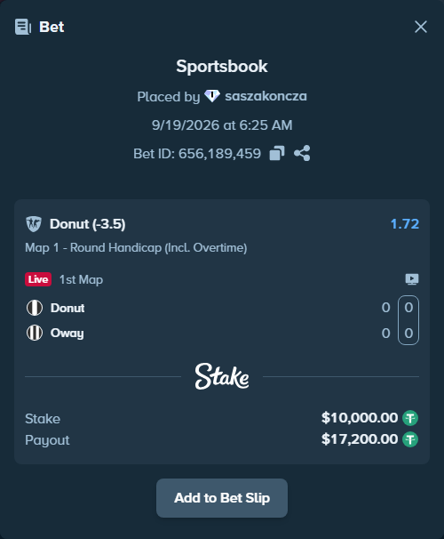 Bet slip: Donut - Oway, $10,000.00 stake at 1.72 odds, placed by saszakoncza