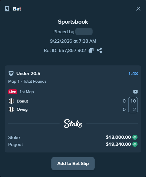 Bet slip: Donut - Oway, $13,000.00 stake at 1.48 odds, placed by saszakoncza