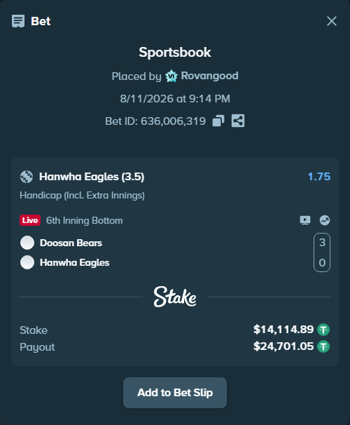 Bet slip: Doosan Bears - Hanwha Eagles, $14,129.00 stake at 1.75 odds, placed by Rovangood
