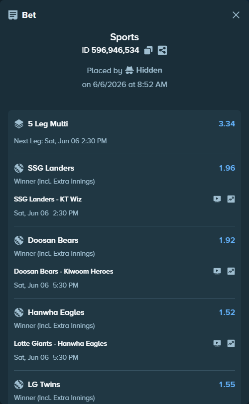 Bet slip: Doosan Bears - Kiwoom Heroes, $12,000.00 stake at 1.92 odds, placed by Hidden