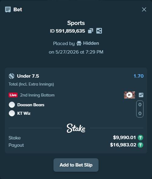 Bet slip: Doosan Bears - KT Wiz, $10,000.00 stake at 1.70 odds, placed by Hidden
