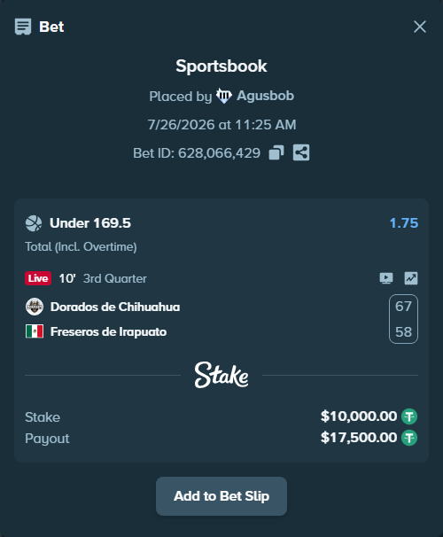 Bet slip: Dorados de Chihuahua - Freseros de Irapuato, $10,010.00 stake at 1.75 odds, placed by Agusbob