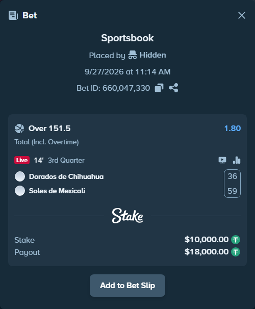 Bet slip: Dorados de Chihuahua - Soles de Mexicali, $10,000.00 stake at 1.80 odds, placed by Kriski99