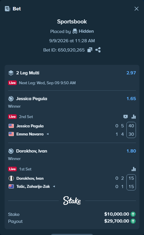 Bet slip: Dorokhov, Ivan - Talic, Zaharije-Zak, $10,000.00 stake at 1.80 odds, placed by Hidden