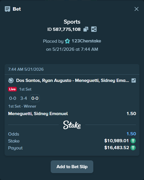 Bet slip: Dos Santos, Ryan Augusto - Meneguetti, Sidney Emanuel, $11,000.00 stake at 1.50 odds, placed by 123Cherstake