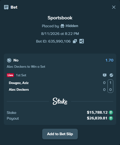 Bet slip: Dougaz, Aziz - Alec Deckers, $15,803.91 stake at 1.70 odds, placed by Hidden
