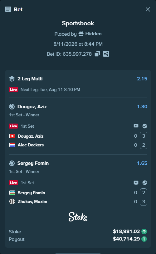 Bet slip: Dougaz, Aziz - Alec Deckers, $19,000.00 stake at 1.30 odds, placed by Hidden