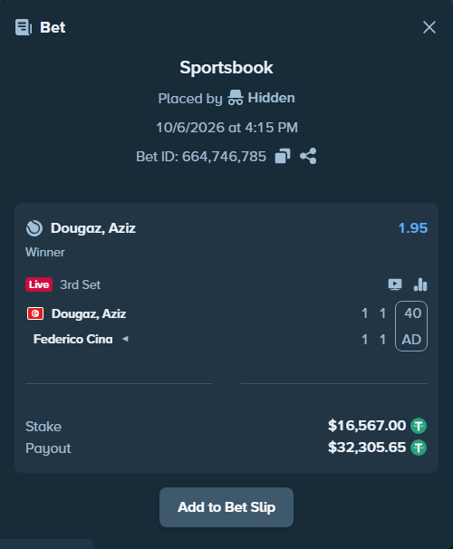 Bet slip: Dougaz, Aziz - Federico Cina, $16,567.00 stake at 1.95 odds, placed by Hidden