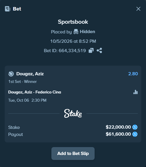 Bet slip: Dougaz, Aziz - Federico Cina, $22,000.00 stake at 2.80 odds, placed by Hidden