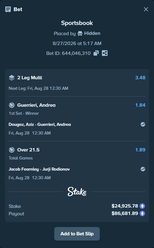 Bet slip: Dougaz, Aziz - Guerrieri, Andrea, $25,090.88 stake at 1.84 odds, placed by Hidden