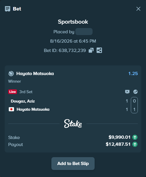 Bet slip: Dougaz, Aziz - Hayato Matsuoka, $10,000.00 stake at 1.25 odds, placed by Regenergy