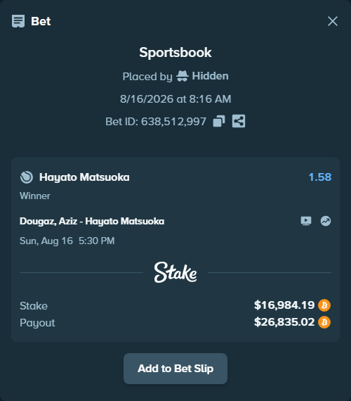 Bet slip: Dougaz, Aziz - Hayato Matsuoka, $17,085.82 stake at 1.58 odds, placed by Hidden