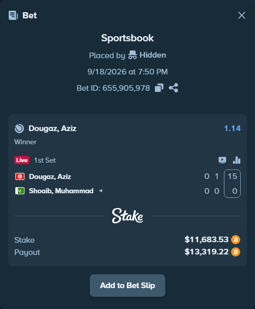 Bet slip: Dougaz, Aziz - Shoaib, Muhammad, $11,675.00 stake at 1.14 odds, placed by Hidden