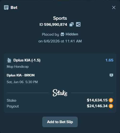Bet slip: Dplus KIA - BRION, $15,439.20 stake at 1.65 odds, placed by Hidden