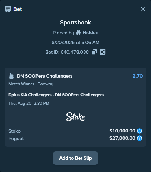 Bet slip: Dplus KIA Challengers - DN SOOPers Challengers, $10,000.00 stake at 2.70 odds, placed by Hidden