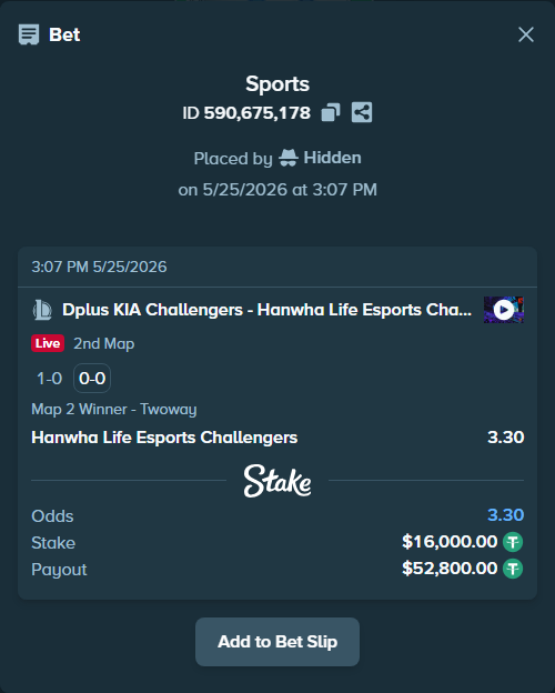 Bet slip: Dplus KIA Challengers - Hanwha Life Esports Challengers, $16,000.00 stake at 3.30 odds, placed by Hidden