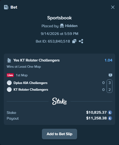Bet slip: Dplus KIA Challengers - KT Rolster Challengers, $10,815.46 stake at 1.04 odds, placed by Hidden