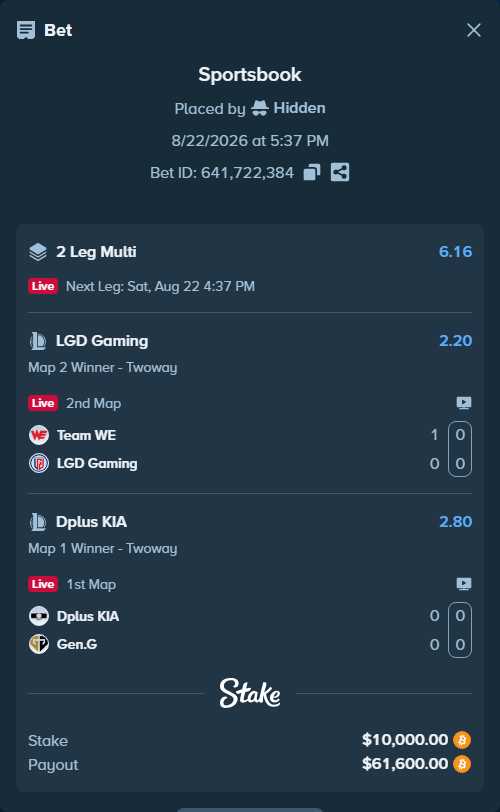 Bet slip: Dplus KIA - Gen.G, $9,996.44 stake at 2.80 odds, placed by Hidden